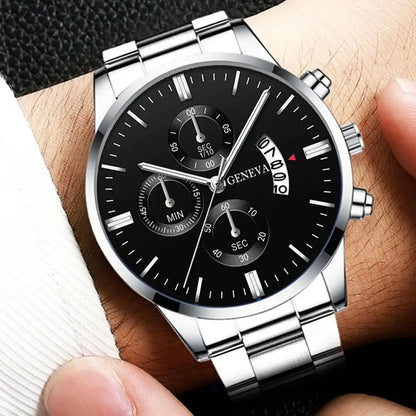 3 pièces/ensemble Montre à bracelet en acier inoxydable pour hommes, mode, montre-bracelet décontractée à quartz avec calendrier, ensemble de bijoux (sans boîte)
