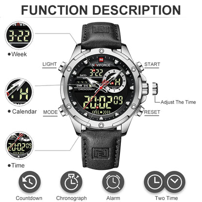 Montres militaires NAVIFORCE pour hommes Montre-bracelet de sport tendance chronographe alarme étanche à quartz grande horloge numérique pour hommes