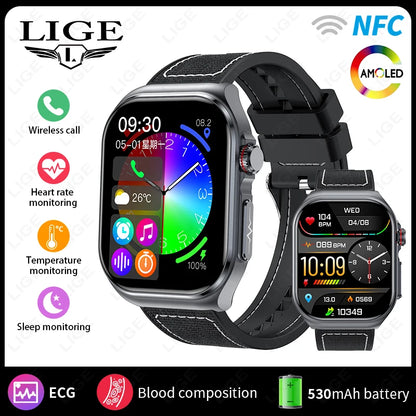 Montre intelligente LIGE AMOLED ET585 pour hommes avec ECG, surveillance de la composition sanguine, appels Bluetooth, suivi de la condition physique pour femmes, smartwatch.