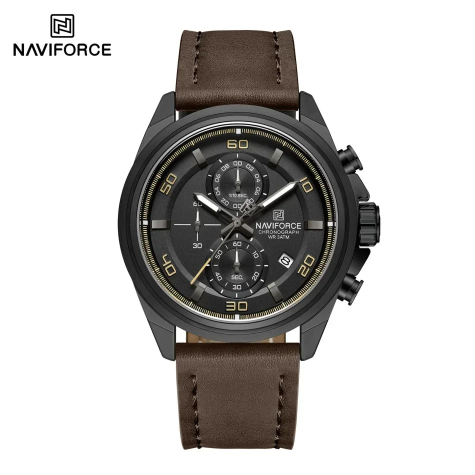 Montres NAVIFORCE pour hommes, bracelet en cuir véritable, chronographe à quartz, affichage de la date, montre-bracelet de sport étanche, cadeau masculin