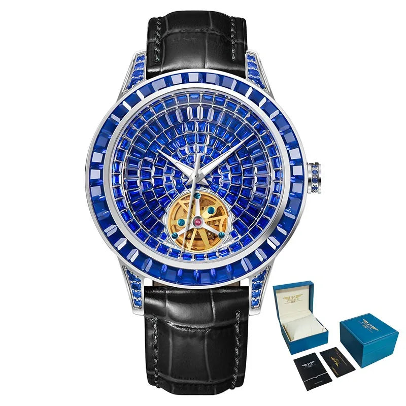 PINDU Nouvelle montre mécanique pour homme, avec pointeur lumineux diamanté, montre-bracelet saphir de qualité supérieure pour hommes, Montre Homme avec boîte cadeau P5037