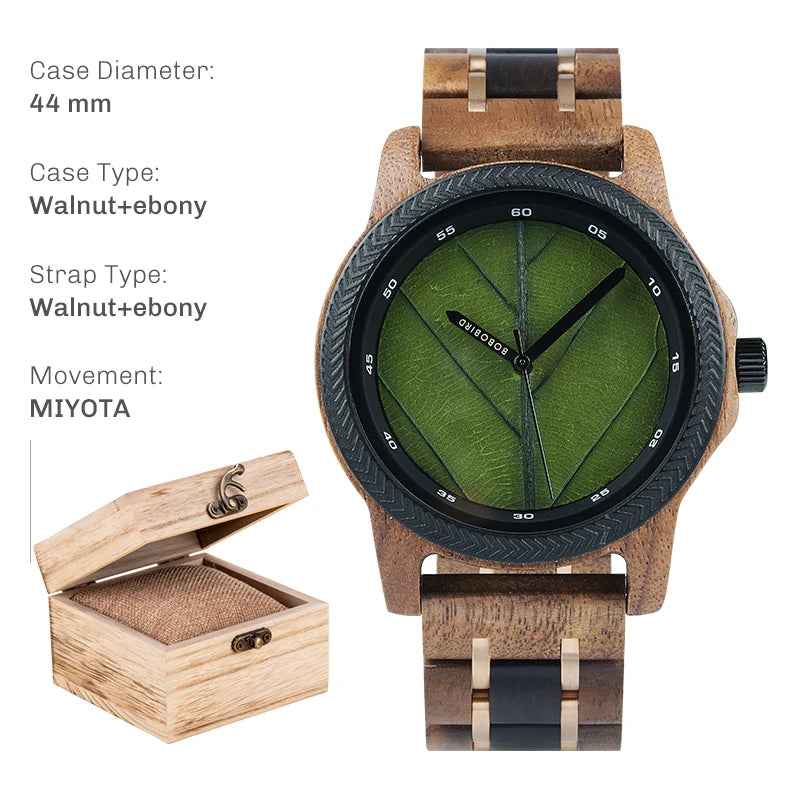 Montre en bois pour homme BOBO BIRD avec feuille véritable, montre en bois originale, montre en bois, montre fabriquée à la main, cadeau d'anniversaire pour homme