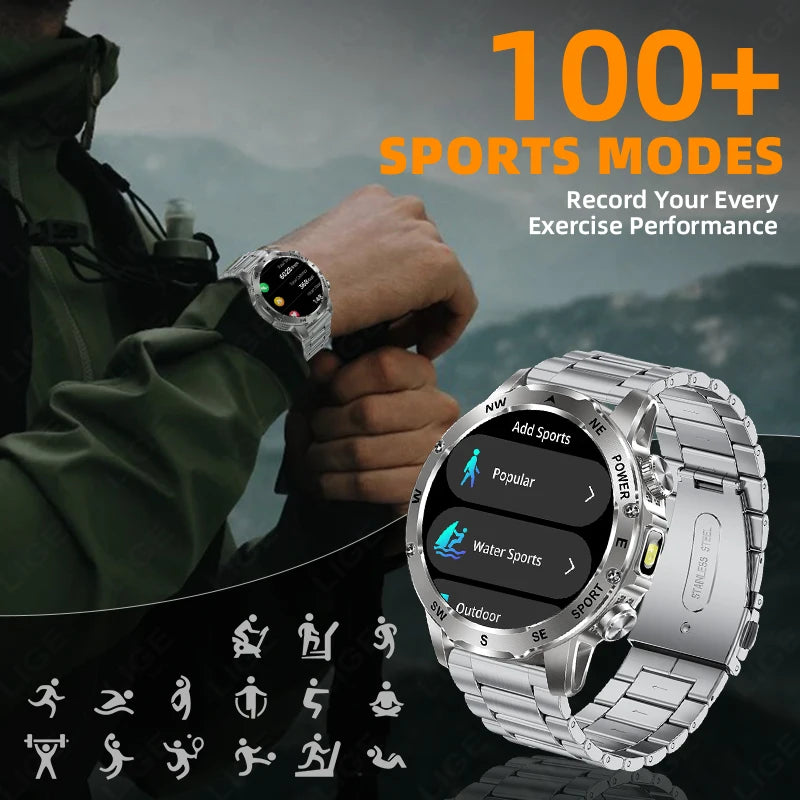New 2026 Outdoor 800mAh Large Battery Smart Watch Men LED Flashlight Bluetooth Call Compass Sports Fitness Waterproof Smarwatch