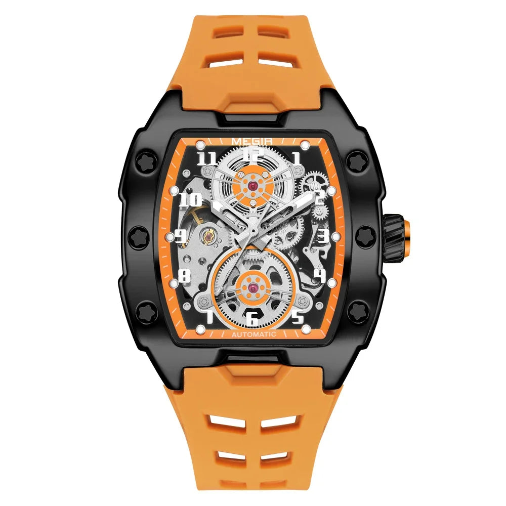 MEGIR Montre Homme Sport Tendance Boîtier Alliage Mécanique Étanche Bracelet Silicone Cadran Tonneau Aiguilles Lumineuses Montres-bracelets Homme