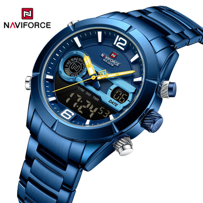 Montre de sport militaire de luxe NAVIFORCE pour hommes, lumineuse, étanche, bracelet en acier, affichage double numérique à quartz, montre-bracelet masculine.