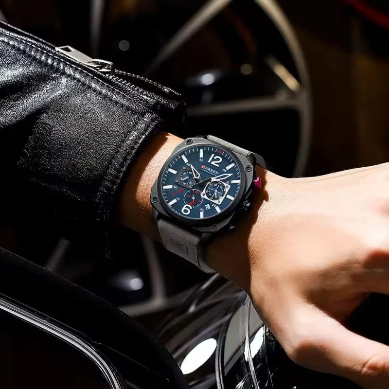 CURREN 8398 Six-Hand Calendar Leather Strap Watch