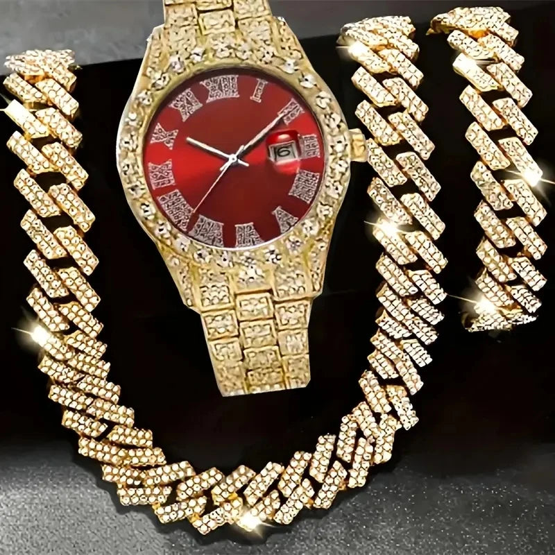ChronoState Bling Ensemble de 4 pièces – Montre à quartz Hip Hop et collection de bijoux chaîne cubaine