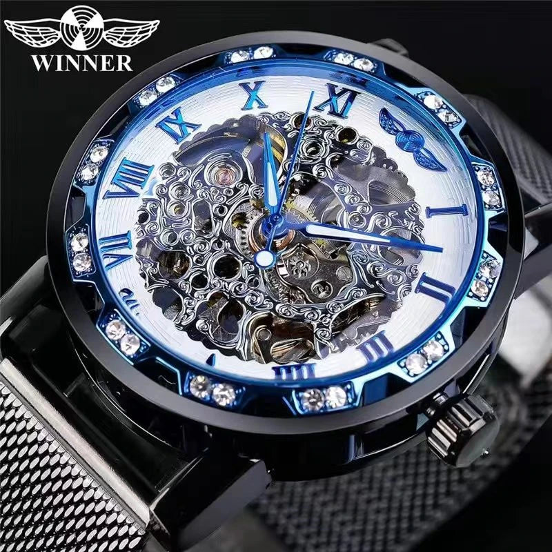 1 Piece of Men's Fashionable Diamond-Encrusted Manual Mechanical Watch, Skeleton Design Mesh Strap Watch, Stylish Casual Versatile Handsome Male Student Wristwatch, High-Value Gift Choice, No Battery Needed