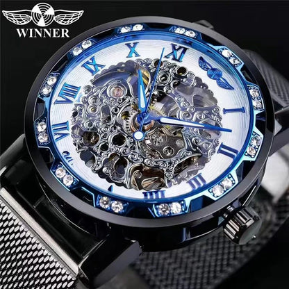 1 Piece of Men's Fashionable Diamond-Encrusted Manual Mechanical Watch, Skeleton Design Mesh Strap Watch, Stylish Casual Versatile Handsome Male Student Wristwatch, High-Value Gift Choice, No Battery Needed