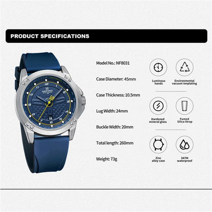 NAVIFORCE Montre-bracelet à quartz décontractée Montre homme étanche tendance Bracelet en silicone sportif Montre homme lumineuse Relogio Masculino