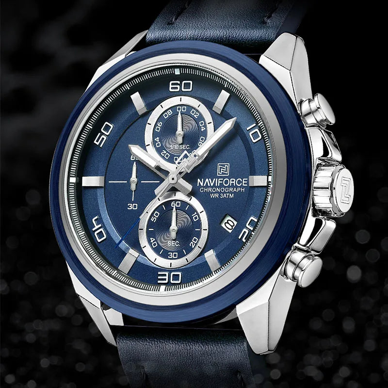 Montres NAVIFORCE pour hommes, bracelet en cuir véritable, chronographe à quartz, affichage de la date, montre-bracelet de sport étanche, cadeau masculin
