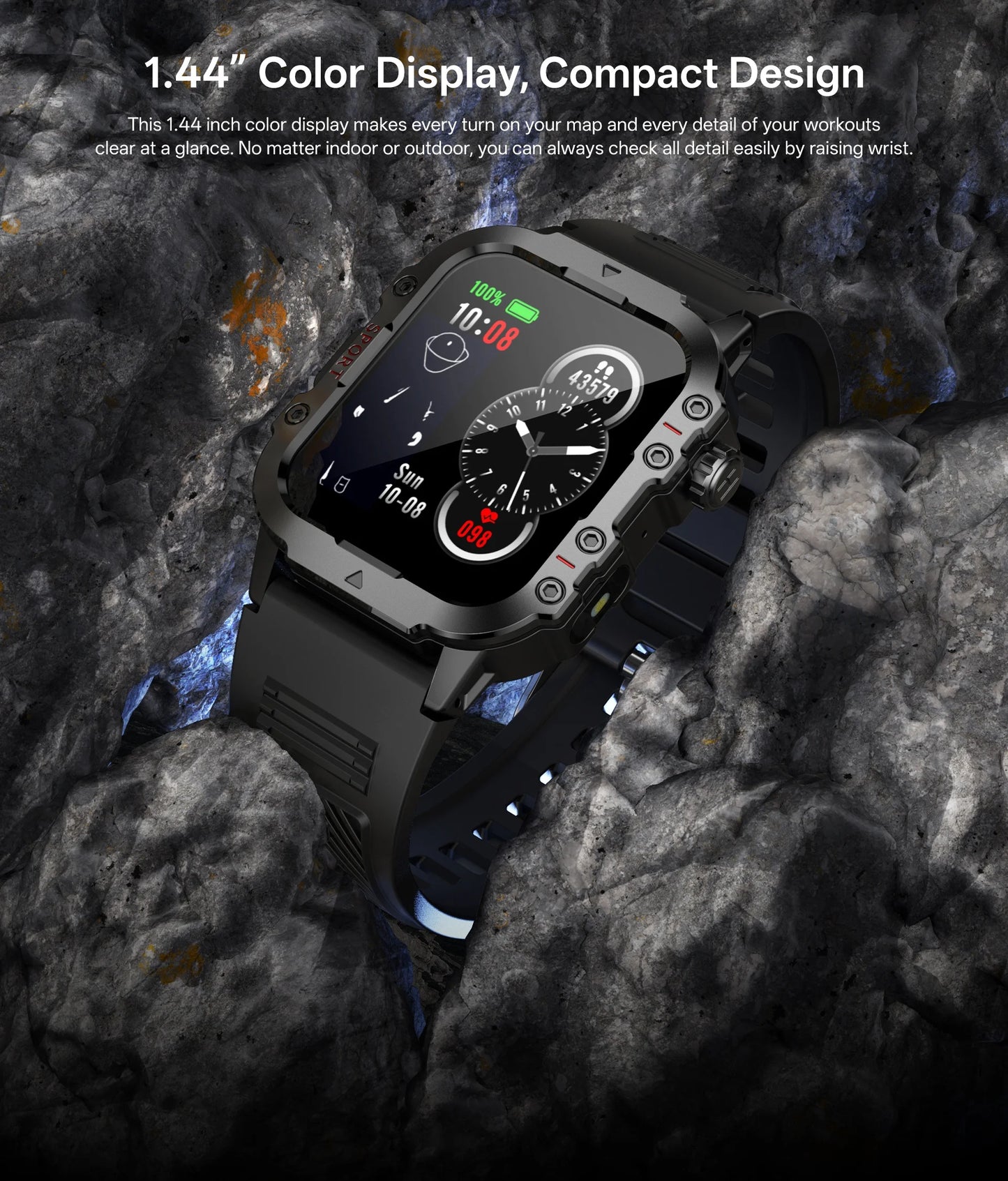 Montre intelligente militaire pour hommes 2026 IP67 3ATM, moniteur de santé de suivi de fitness sportif en extérieur de 1,44 pouce avec appel Bluetooth