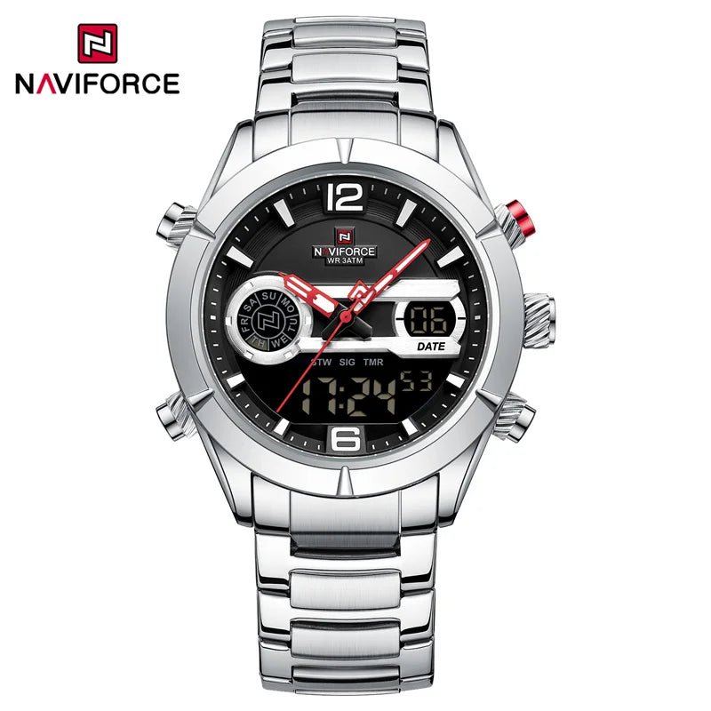 Montre de sport militaire de luxe NAVIFORCE pour hommes, lumineuse, étanche, bracelet en acier, affichage double numérique à quartz, montre-bracelet masculine.