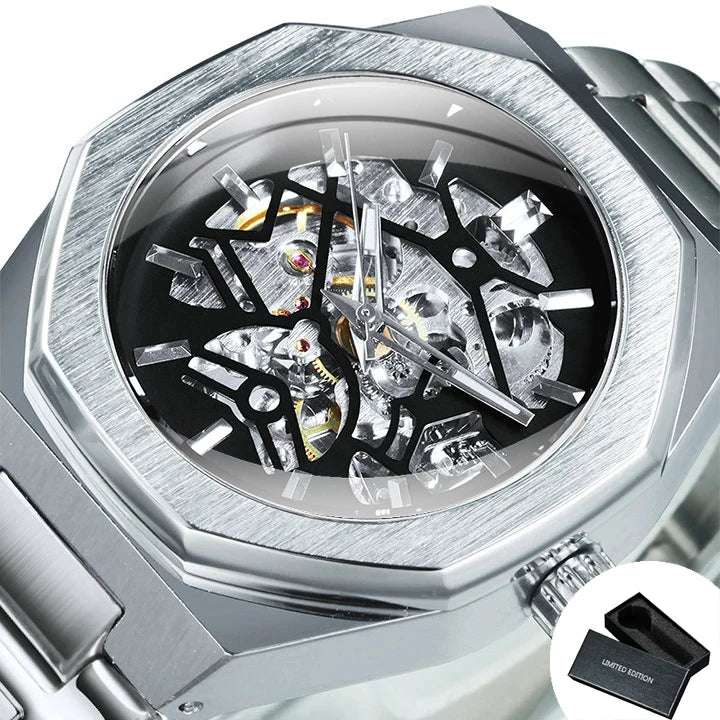 Forsining Montres mécaniques classiques Aiguilles lumineuses Squelette irrégulier Montre automatique d'affaires pour hommes Bracelet en acier inoxydable