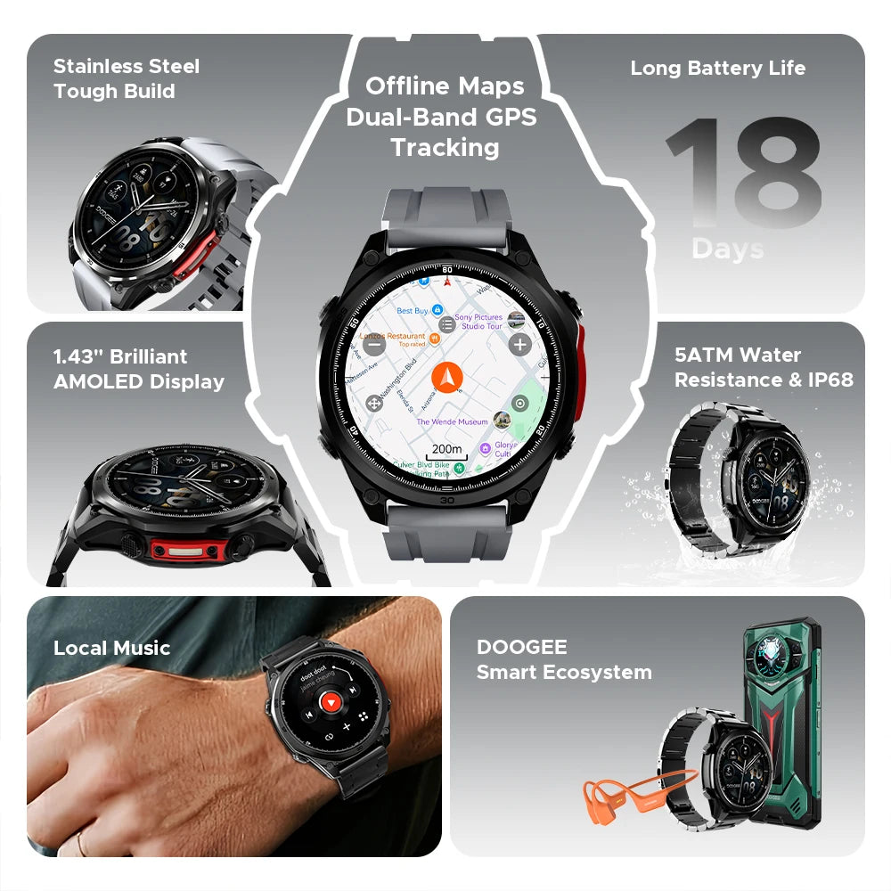 Smartwatch DOOGEE ANYWISE W1 PRO 1,43'' Résistance à l'eau 5ATM 178 modes sportifs Suivi de la santé Capteur géomagnétique Cartes hors ligne