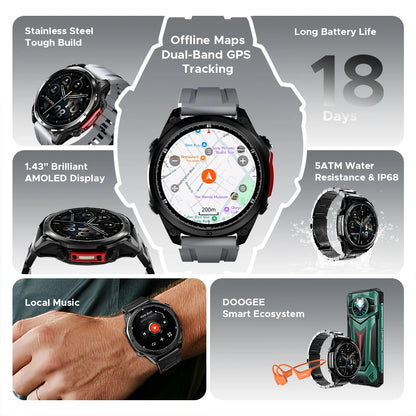 Smartwatch DOOGEE ANYWISE W1 PRO 1,43'' Résistance à l'eau 5ATM 178 modes sportifs Suivi de la santé Capteur géomagnétique Cartes hors ligne