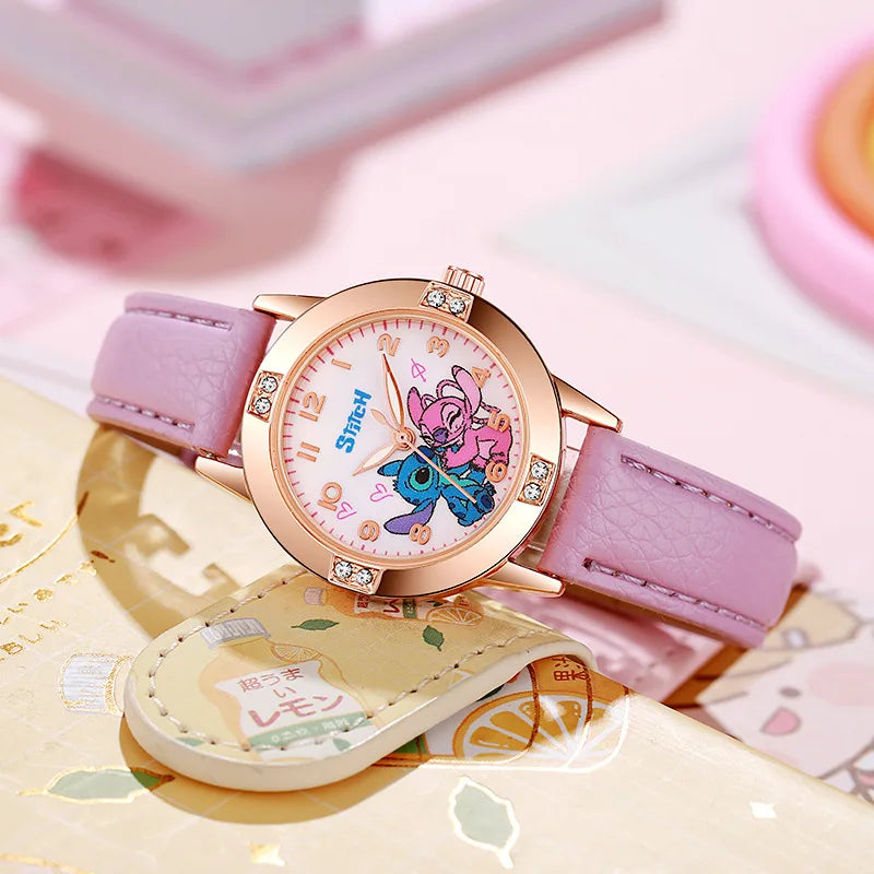 Stitch-themed kids watch with leather strap and rhinestone dial