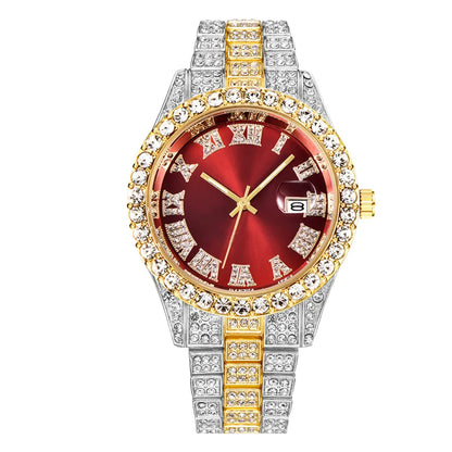 Montre à Quartz de Luxe Entièrement Diamantée pour Homme, Montre-Bracelet à Quartz Masculine Tendance avec Calendrier et Bracelet en Acier Inoxydable, Horloge de Date Reloj Hombre