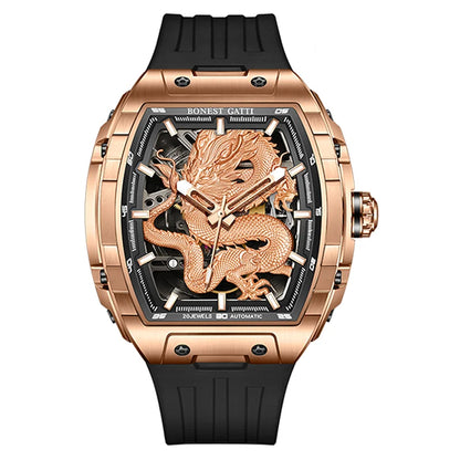 BONEST GATTI Montre automatique homme 43*50mm Tonneau Mécanique Saphir Lumineux Cadran Dragon Bracelet en fluorocarbone