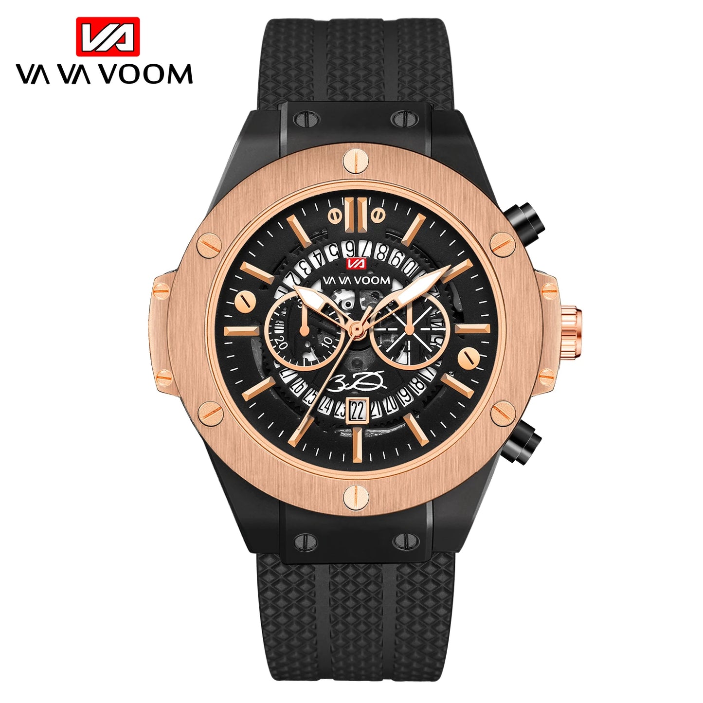Montre Sport Homme en Silicone Noir, Grand Cadran Creux de 46 mm, Style Militaire Tendance Or Rose, Mouvement à Quartz Original