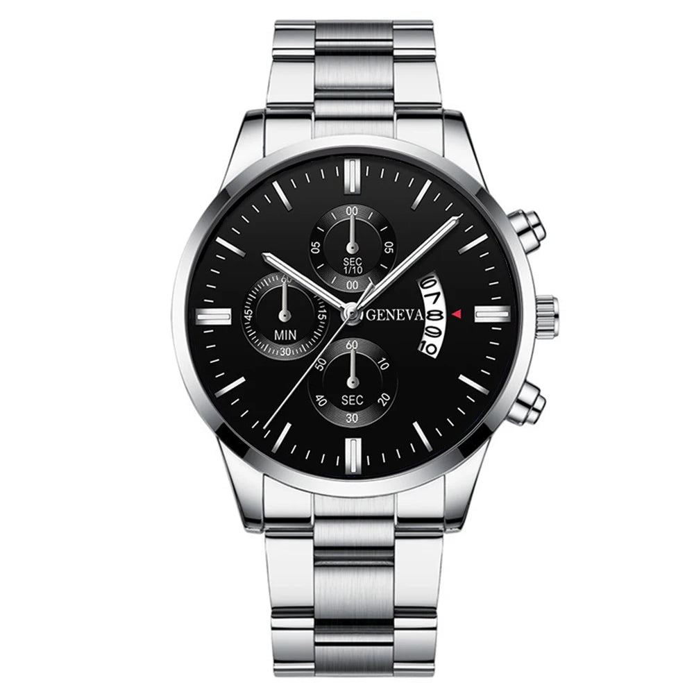 3 pièces/ensemble Montre à bracelet en acier inoxydable pour hommes, mode, montre-bracelet décontractée à quartz avec calendrier, ensemble de bijoux (sans boîte)