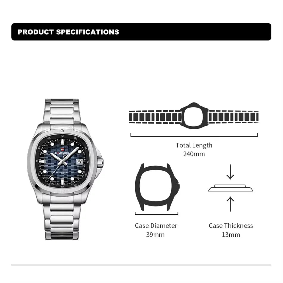 Montre-bracelet de sport NAVIFORCE pour hommes, à quartz, en acier inoxydable, lumineuse, avec calendrier, cadran carré, pour affaires