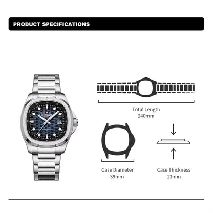 Montre-bracelet de sport NAVIFORCE pour hommes, à quartz, en acier inoxydable, lumineuse, avec calendrier, cadran carré, pour affaires