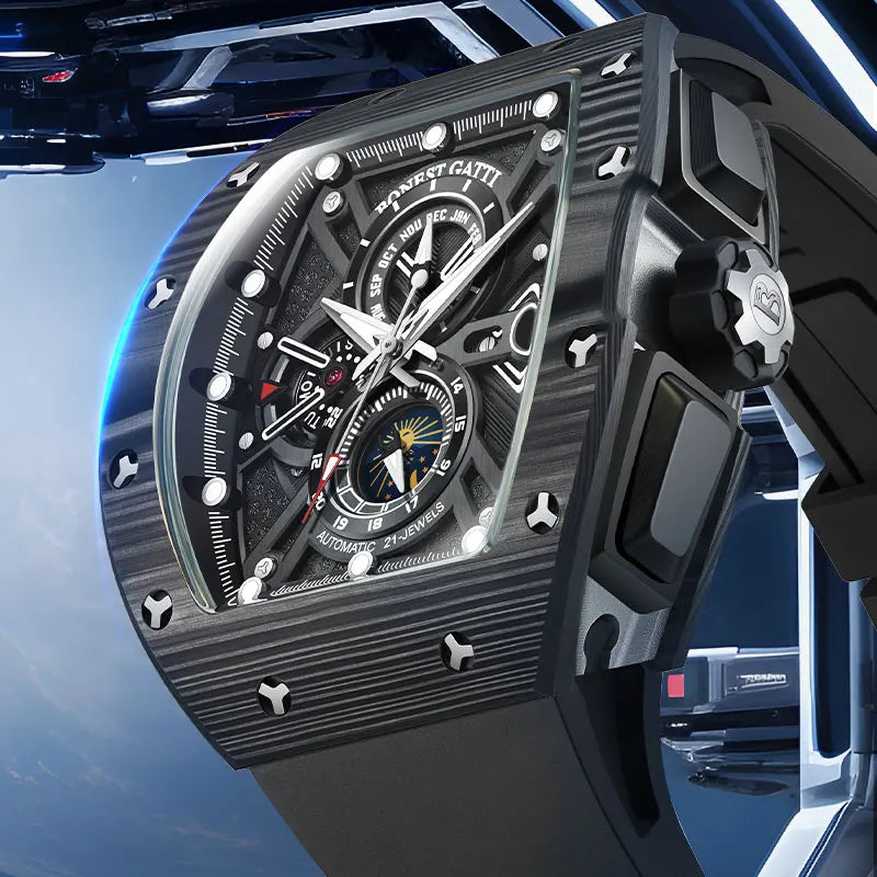 BONEST GATTI Montre Homme Automatique Allemande Entièrement Automatique Mécanique Étanche Lumineuse Fibre de Carbone Montre-Bracelet Homme Luxe Léger
