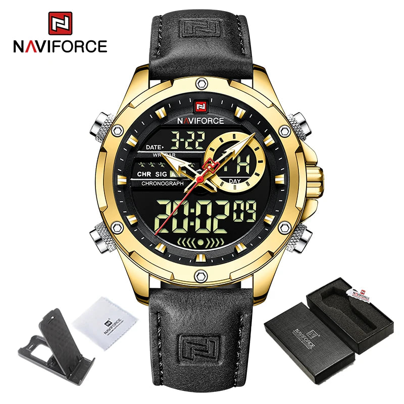 NAVIFORCE Nouvelles montres homme en cuir véritable, mouvement à quartz, chronographe, marque de luxe, lumineuses, analogiques, numériques, pour homme