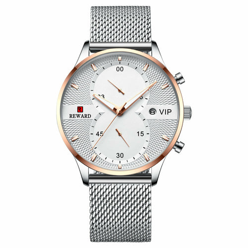 Business Calendar Watch with Spiral Crown and Stainless Steel Strap