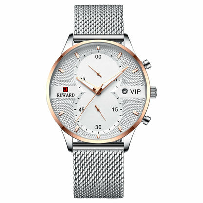 Business Calendar Watch with Spiral Crown and Stainless Steel Strap