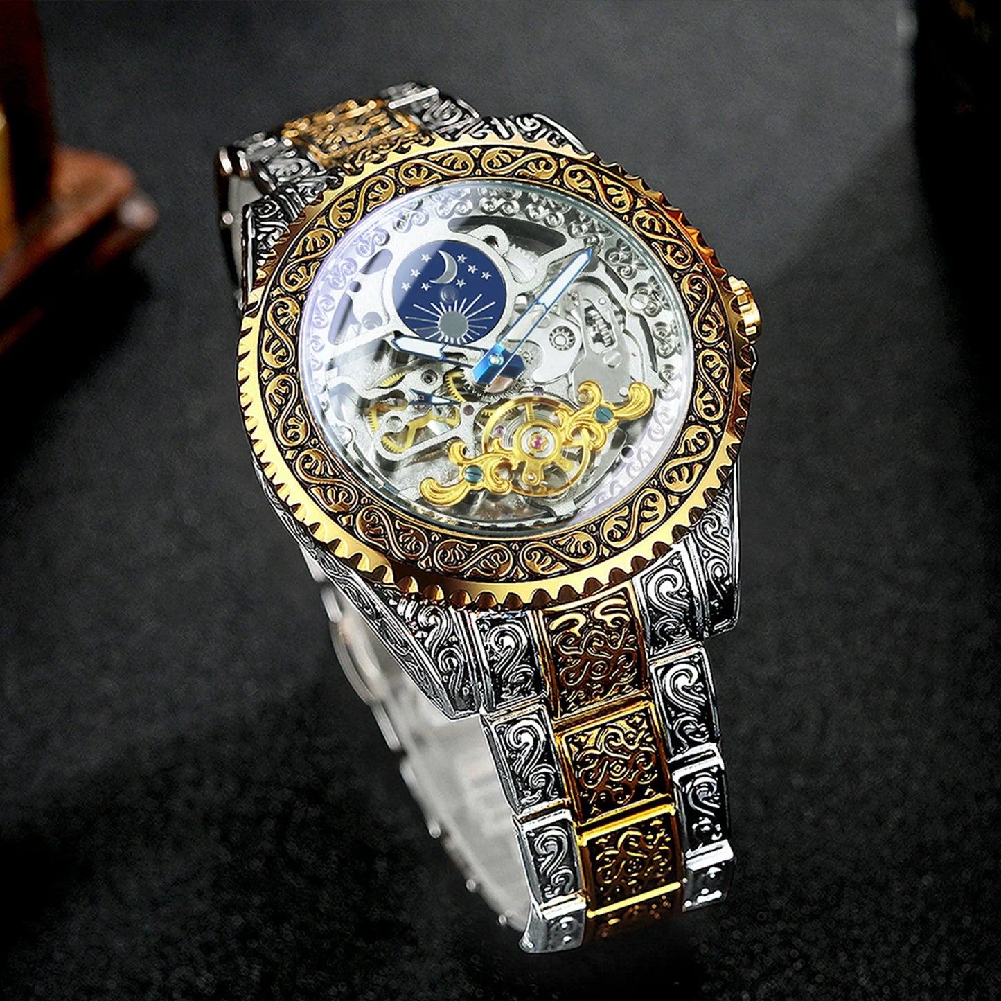 Montre Mécanique Squelette de Luxe Forsining Or Phase de Lune Rétro Gravée Lumineuse Tourbillon Automatique pour Homme Bracelet en Acier