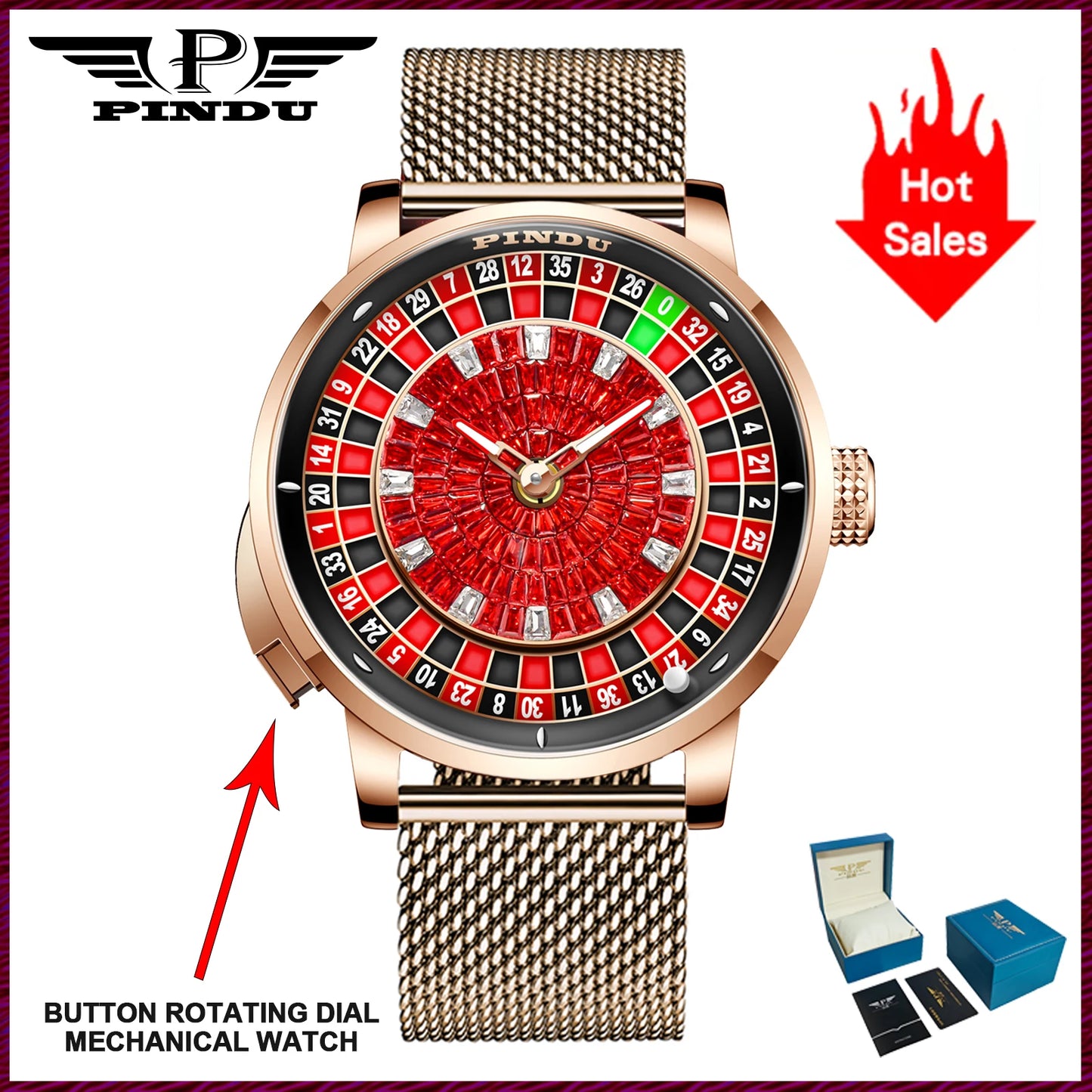 NOUVELLE montre mécanique à cadran rotatif en diamant rouge PINDUI Design avec mouvement NH35 en acier inoxydable, montre automatique de luxe pour hommes