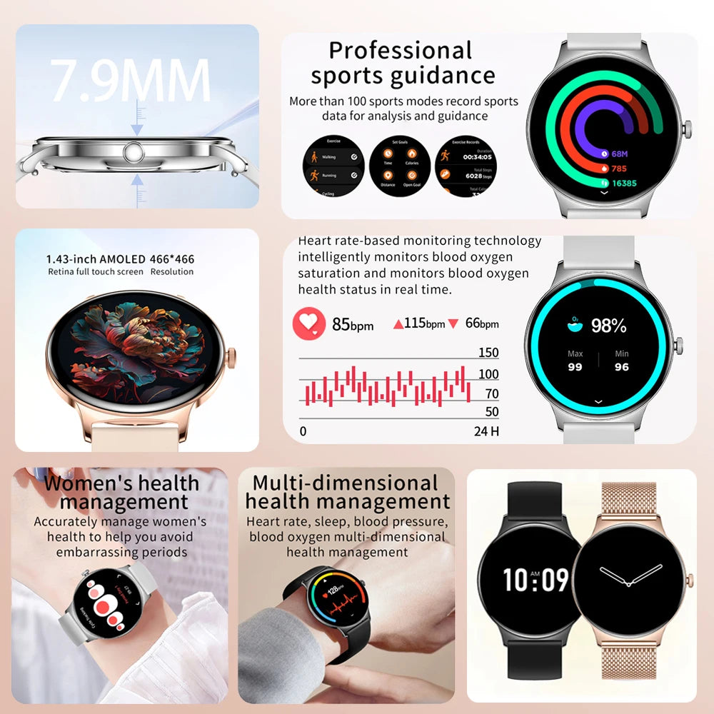 2026 Nouvelle Montre Connectée Ultra Mince 7.9MM Femmes Écran Toujours Affiché Temps Bracelet Sport Appel Bluetooth Montres Intelligentes Mode ios