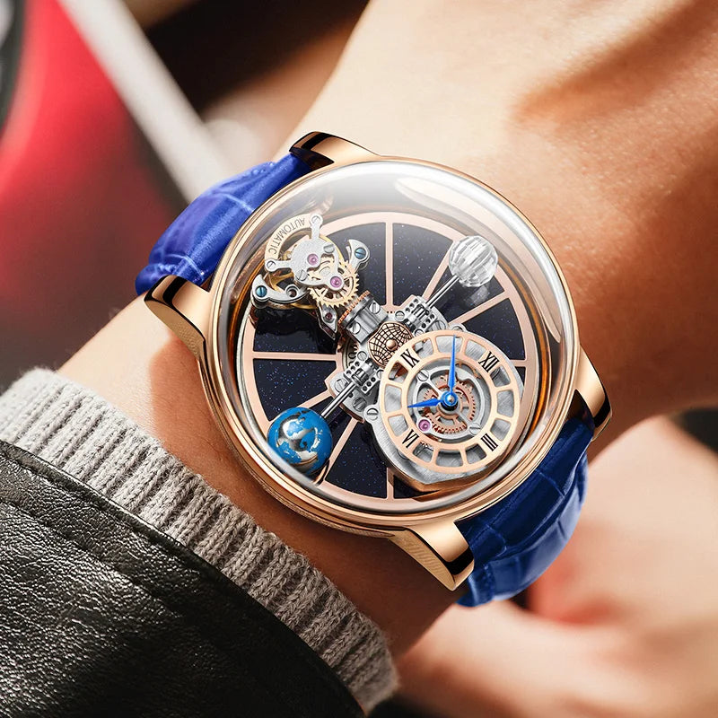 PINDU Design Montre à quartz pour homme collection Celestial, miroir incurvé, cadran ciel étoilé, surface cristalline, thème Terre, montre-bracelet