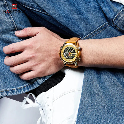 NAVIFORCE Montre-bracelet de luxe originale pour hommes, double fuseau horaire, sport, décontractée, chronographe, alarme, quartz, bracelet en cuir, étanche
