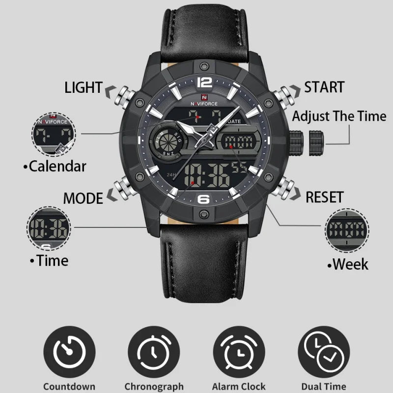 Montre à Quartz NAVIFORCE Hommes Double Fuseau Horaire Date Illumination Nocturne Classique Affaires Montre Homme Luxe Original Étanche