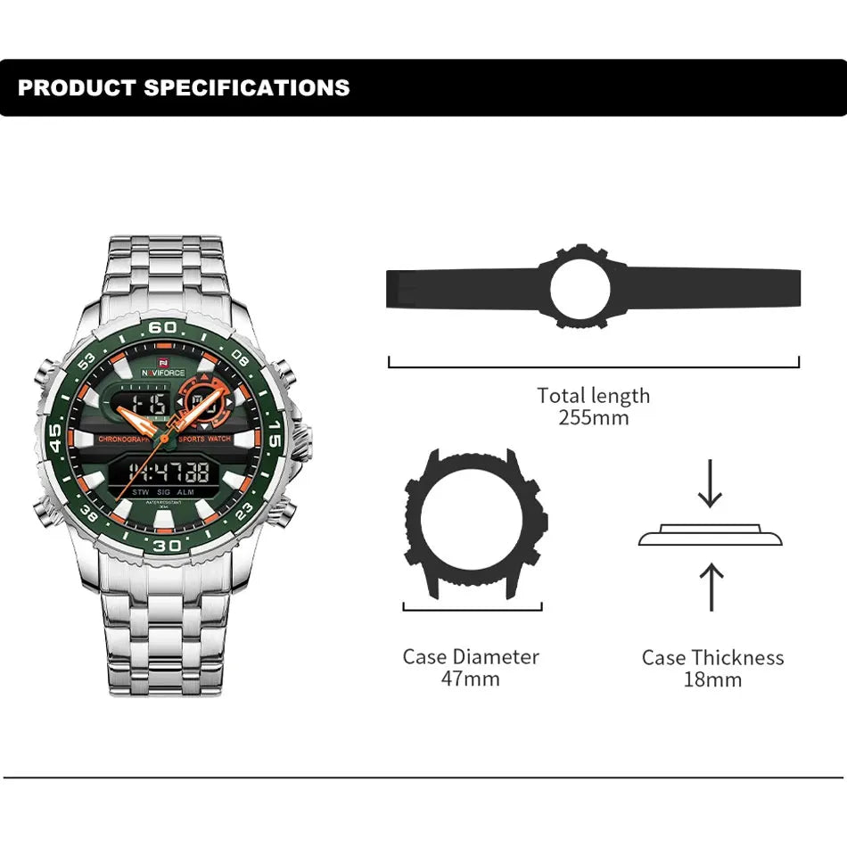 Montres Originales NAVIFORCE pour Hommes Montre-Bracelet Sport Analogique Numérique à Quartz Homme Militaire Lumineuse Étanche en Acier avec Réveil
