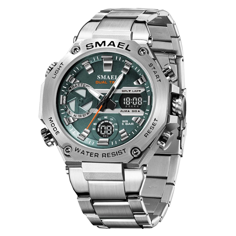 Montre SMAEL Hommes Grande Marque Luxe Argent Acier Inoxydable Sport Homme Horloge Numérique Analogique Quartz Militaire Étanche Montres-bracelets