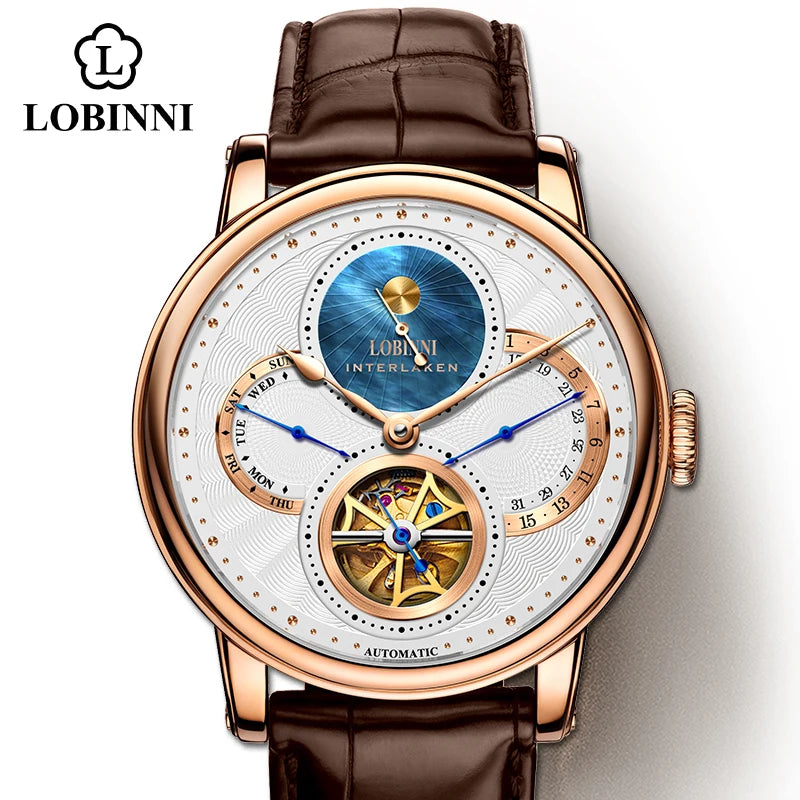 Montre LOBINNI Homme Automatique Or Montres Mécaniques Bracelets de Montre Mode bracelet sportif chronographe Squelette Saphir Marques de Montres