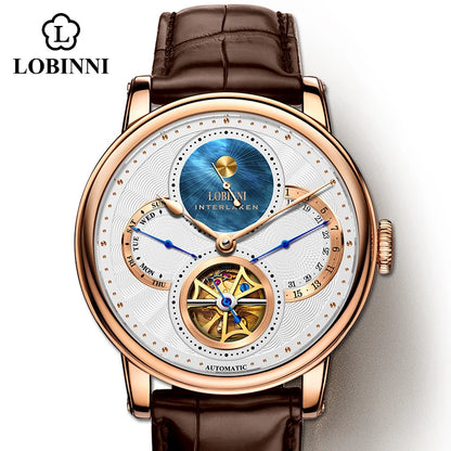 Montre LOBINNI Homme Automatique Or Montres Mécaniques Bracelets de Montre Mode bracelet sportif chronographe Squelette Saphir Marques de Montres