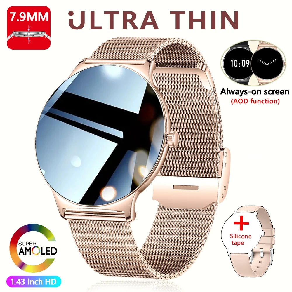 2026 Nouvelle Montre Connectée Ultra Mince 7.9MM Femmes Écran Toujours Affiché Temps Bracelet Sport Appel Bluetooth Montres Intelligentes Mode ios