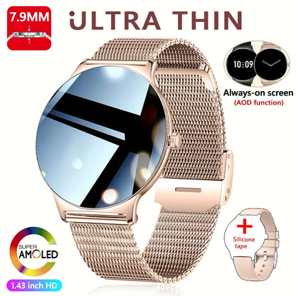 2026 Nouvelle Montre Connectée Ultra Mince 7.9MM Femmes Écran Toujours Affiché Temps Bracelet Sport Appel Bluetooth Montres Intelligentes Mode ios
