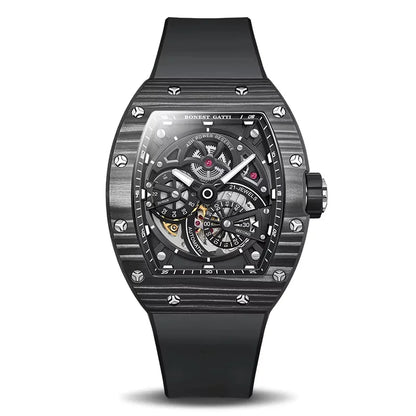 BONEST GATTI Men Mechanical Watch Carbon Fiber Bezel Tonneau Luminou Case Fluororubber Strap Small Second Dial Watches For Men