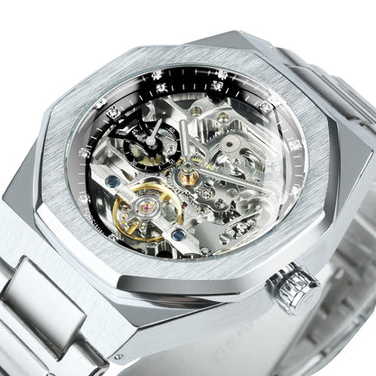 Montre automatique Forsining argentée pour homme, cadran 3D diamant, tourbillon irrégulier, squelette, mécanique, bracelets lumineux, horloge