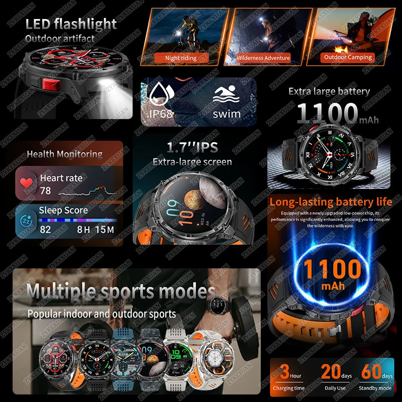 2026 New 1100mAh Ultra Durable Smart Watch Men Outdoor Military GPS Compass 10ATM Waterproof HD Bluetooth Call Sports Smartwatch