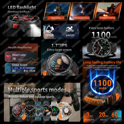 2026 Nouvelle montre connectée ultra-durable de 1100 mAh pour hommes, militaire, extérieure, GPS, boussole, étanche 10 ATM, appel Bluetooth HD, montre connectée de sport