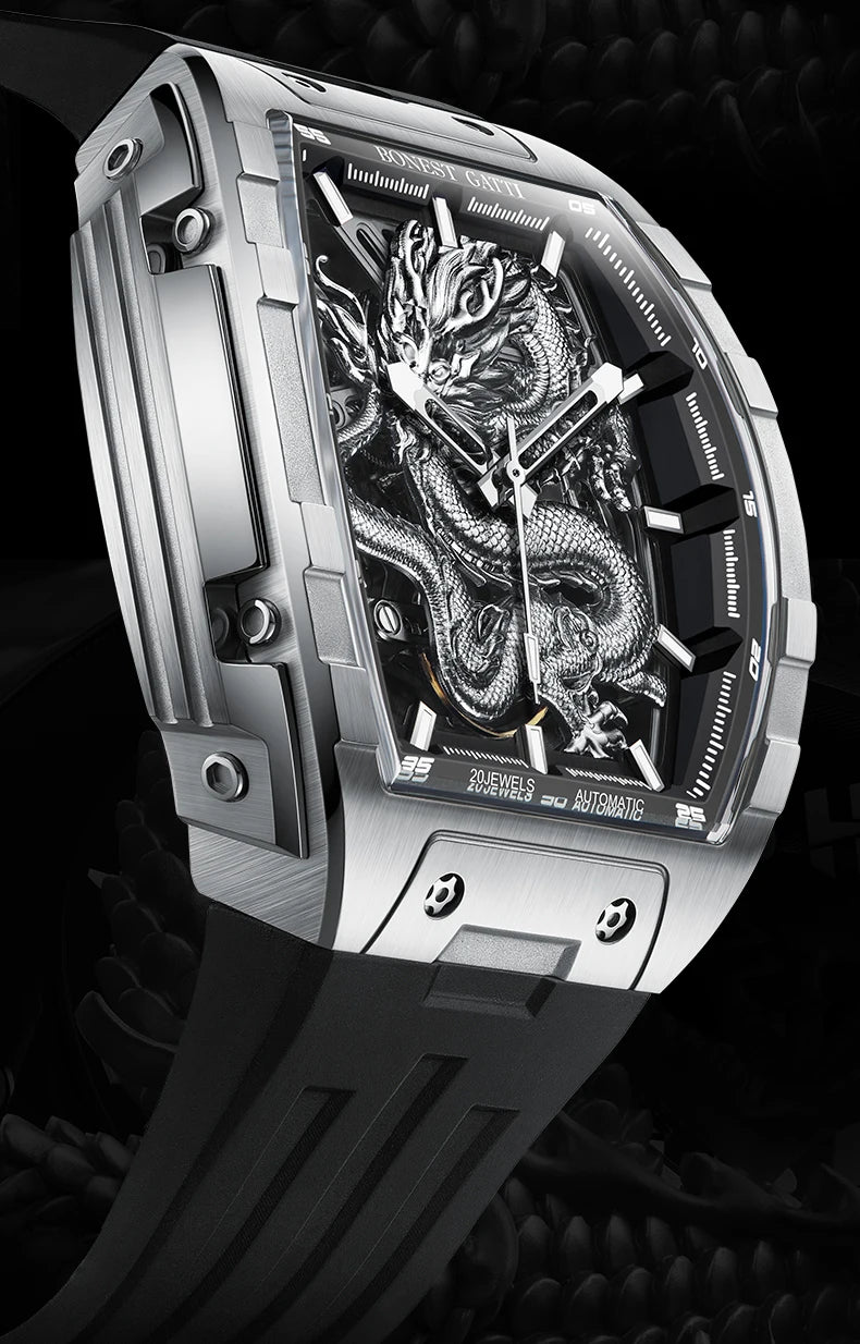 BONEST GATTI Montre automatique homme 43*50mm Tonneau Mécanique Saphir Lumineux Cadran Dragon Bracelet en fluorocarbone