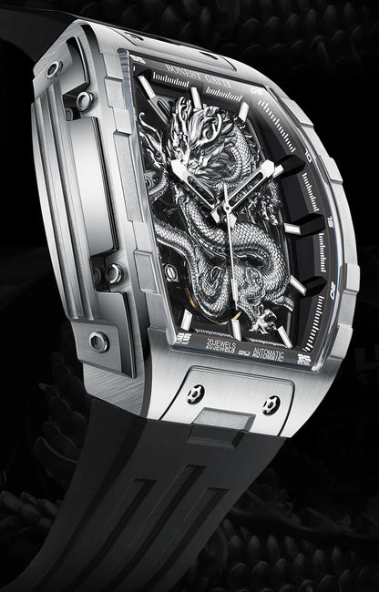 BONEST GATTI Montre automatique homme 43*50mm Tonneau Mécanique Saphir Lumineux Cadran Dragon Bracelet en fluorocarbone