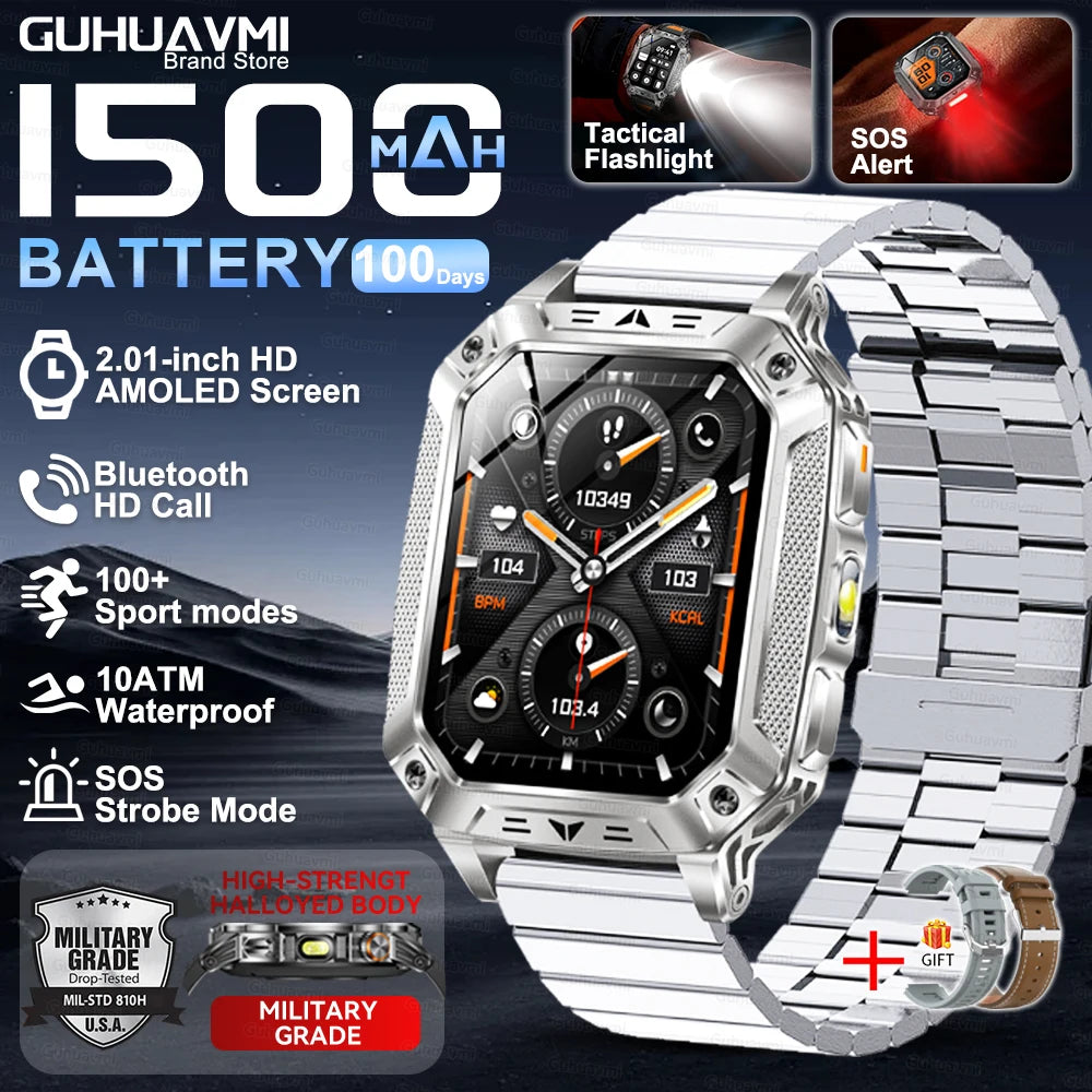 Montre Intelligente Militaire Homme 1500mAh Longue Autonomie Sport Extérieur Montre Connectée Homme Étanche 10ATM Fréquence Cardiaque Appel BT Grande Batterie